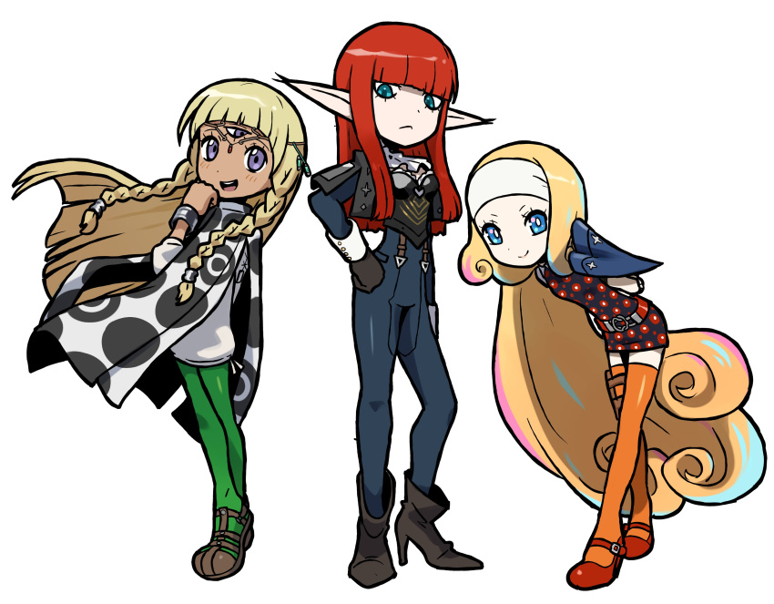 3girls, :<, absurdly_long_hair, absurdres, aqua_eyes, arm_up, arms_behind_back, ascot