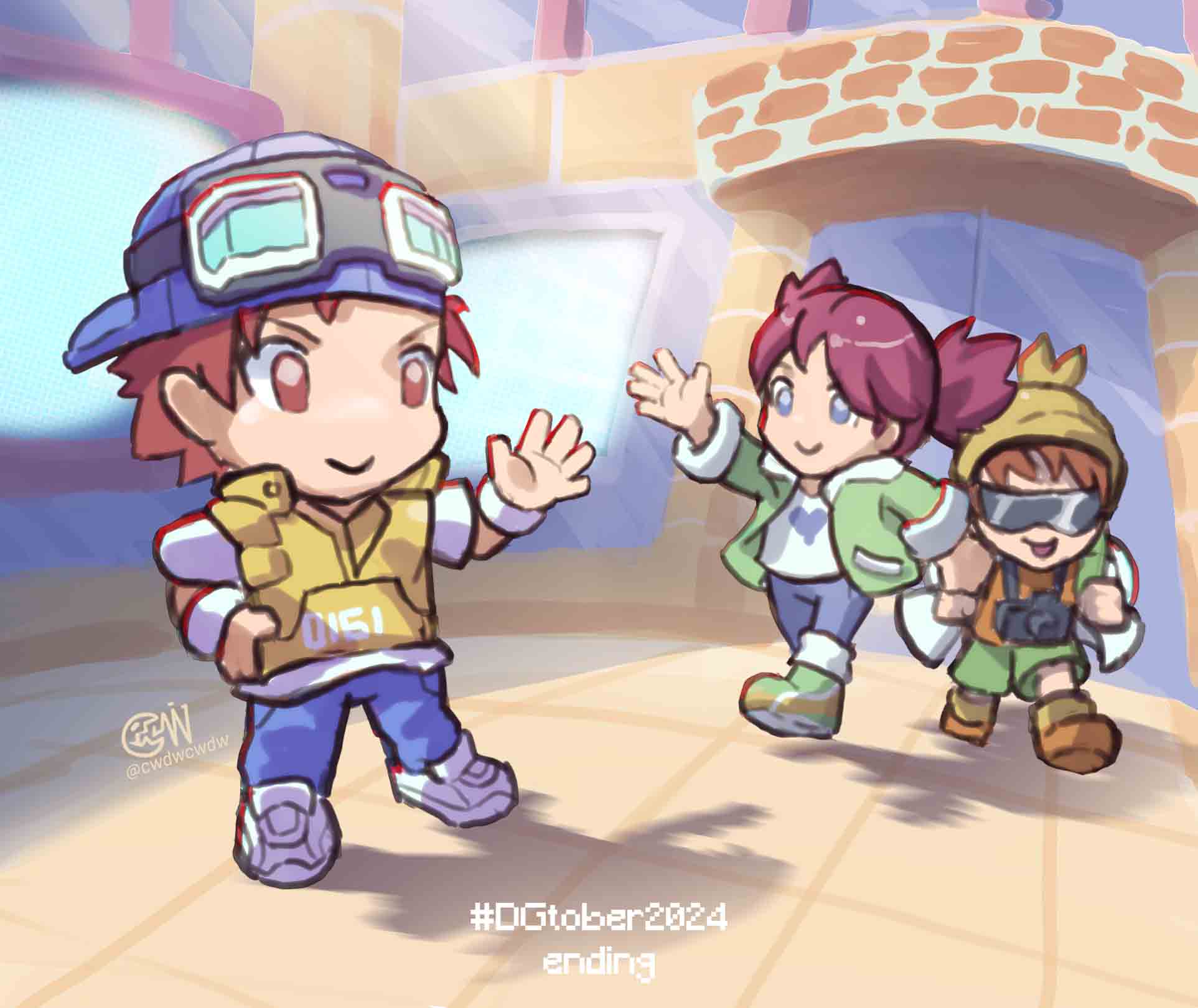 1girl, 2boys, atsushi_(digimon_world_3), backwards_hat, baseball_cap, blue_eyes, blue_hat, blue_pants