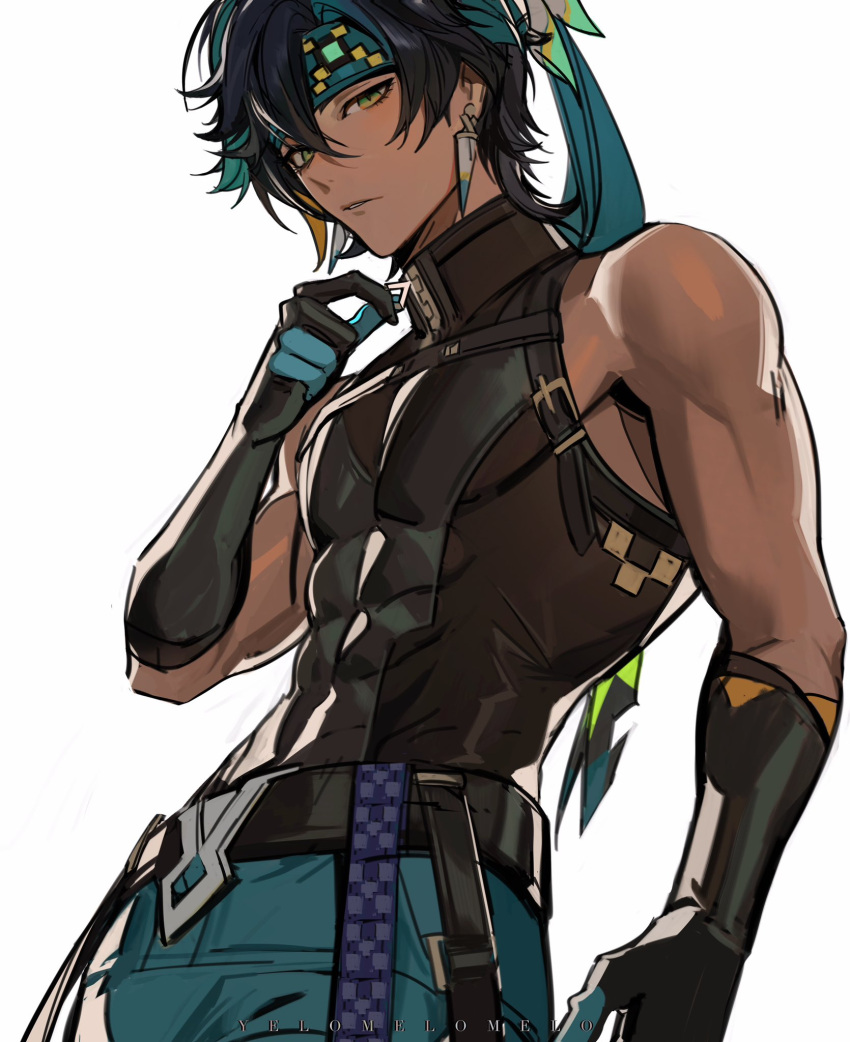 1boy, aqua_gloves, aqua_hair, aqua_headband, aqua_pants, aqua_ribbon, artist_name, bare_shoulders