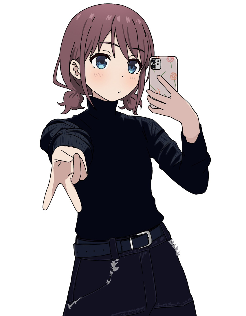 1girl, belt, belt_buckle, blue_belt, blue_eyes, blue_pants, brown_hair, buckle