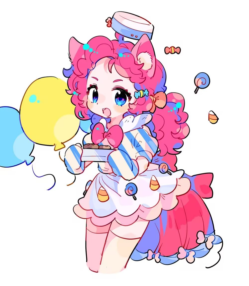 1girl, adapted_costume, animal_ears, balloon, blouse, blue_eyes, blue_shirt, bow, bowtie, breasts, buyao_guan, candy, candy_corn, candy_hair_ornament, chinese_commentary, commentary_request, cropped_legs, curly_hair, food, food-themed_hair_ornament, gloves, grand_galloping_gala, hair_bow, hair_ornament, hat, hat_ribbon, holding, horse_ears, horse_girl, lollipop, long_hair, looking_at_viewer, medium_breasts, my_little_pony, my_little_pony:_friendship_is_magic, official_alternate_costume, official_alternate_hairstyle, open_mouth, oven_mitts, personification, pink_bow, pink_bowtie, pink_hair, pinkie_pie, ponytail, puffy_short_sleeves, puffy_sleeves, red_skirt, ribbon, shirt, short_sleeves, simple_background, skirt, smile, solo, standing, striped_clothes, striped_gloves, striped_shirt, swirl_lollipop, thigh-highs, two-tone_shirt, white_background, white_hat, white_shirt, white_skirt, zettai_ryouiki