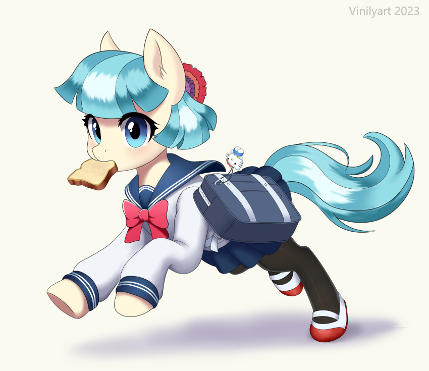 animal, animal_focus, aqua_hair, bag, bag_charm, black_leggings, blue_bag, blue_eyes, blue_sailor_collar, blue_skirt, blunt_bangs, bow, bowtie, bread, bread_slice, cameo, character_charm, charm_(object), clothed_animal, coco_pommel, commentary_request, food, food_in_mouth, full_body, hello_kitty, hello_kitty_(character), highres, hooves, leggings, long_hair, long_sleeves, mouth_hold, my_little_pony, my_little_pony:_friendship_is_magic, no_humans, pleated_skirt, pony_(animal), red_bow, red_bowtie, red_footwear, running, saddlebags, sailor_collar, sanrio, school_bag, school_uniform, serafuku, shirt, shoes, simple_background, skirt, tail, toast, toast_in_mouth, vinilyart, white_shirt