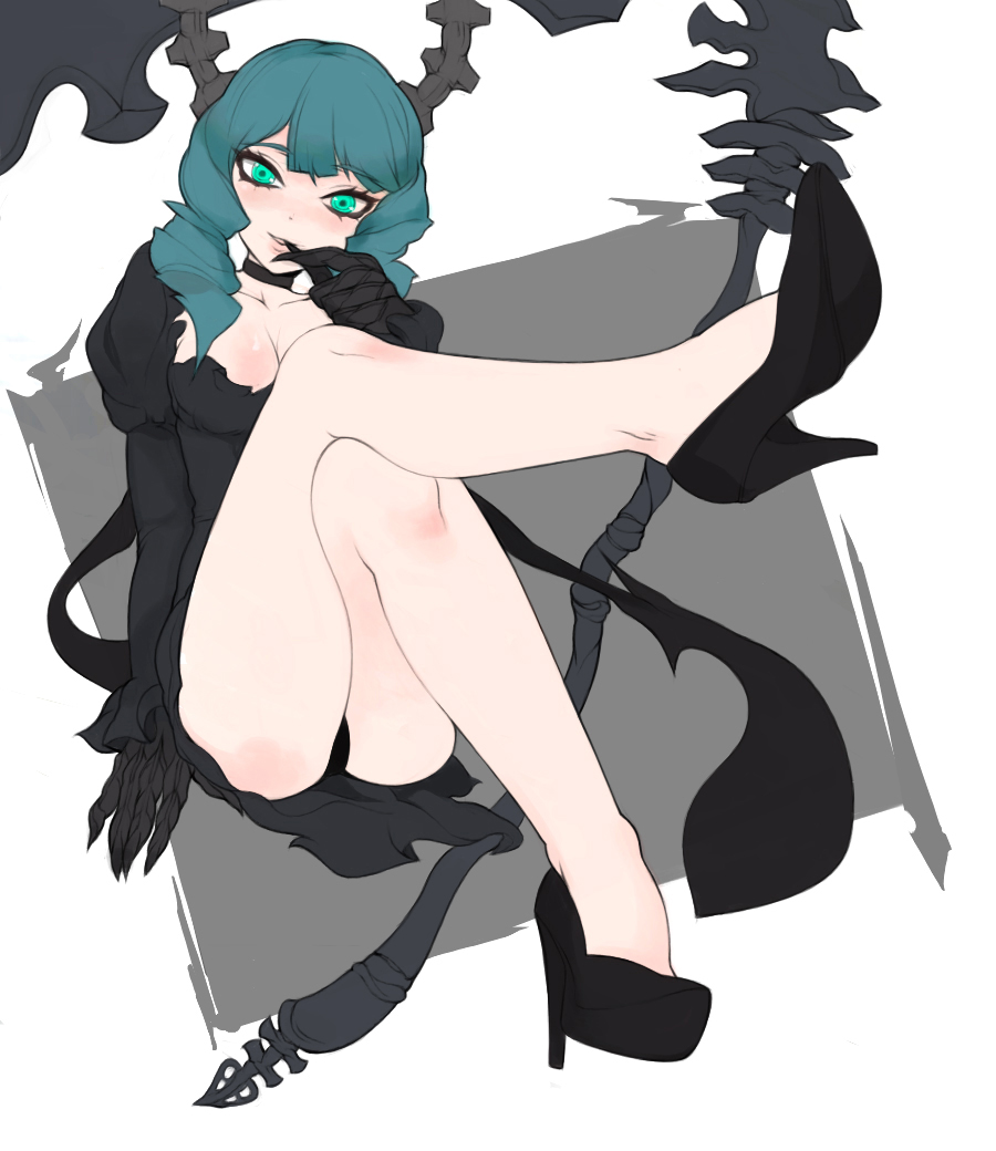 black_hair, black_rock_shooter, blush, breasts, cleavage, crossed_legs, dead_master, green_eyes