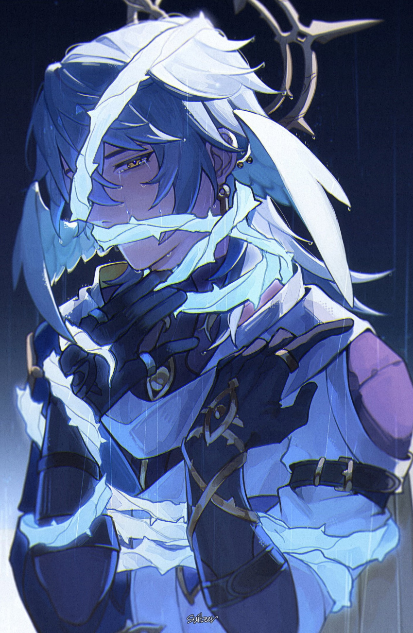 1boy, black_gloves, blue_background, blue_hair, commentary, crying, crying_with_eyes_open, english_commentary