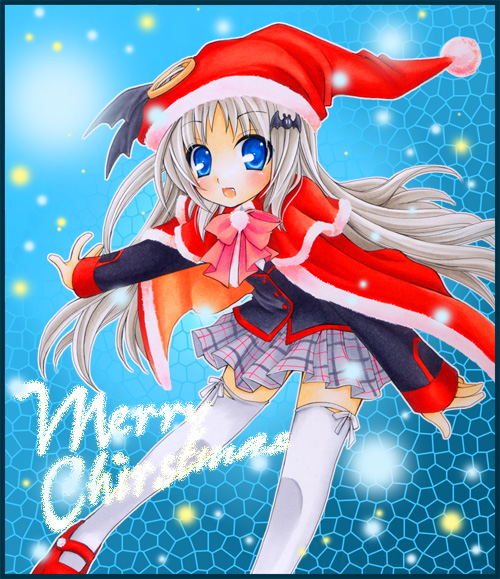blonde_hair, blue_eyes, cape, chibinon, fang, hat, little_busters!!, loli