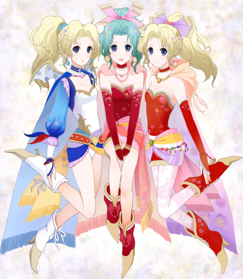 blonde_hair, blue_eyes, boots, bracelet, cape, choker, dissidia_012_final_fantasy, dissidia_final_fantasy, earring, earrings, final_fantasy, final_fantasy_vi, green_hair, hair_ribbon, highres, jewelry, kkokko, long_hair, multiple_persona, pantyhose, ponytail, ribbon, sash, terra_branford, tina_branford, triple_persona, wings