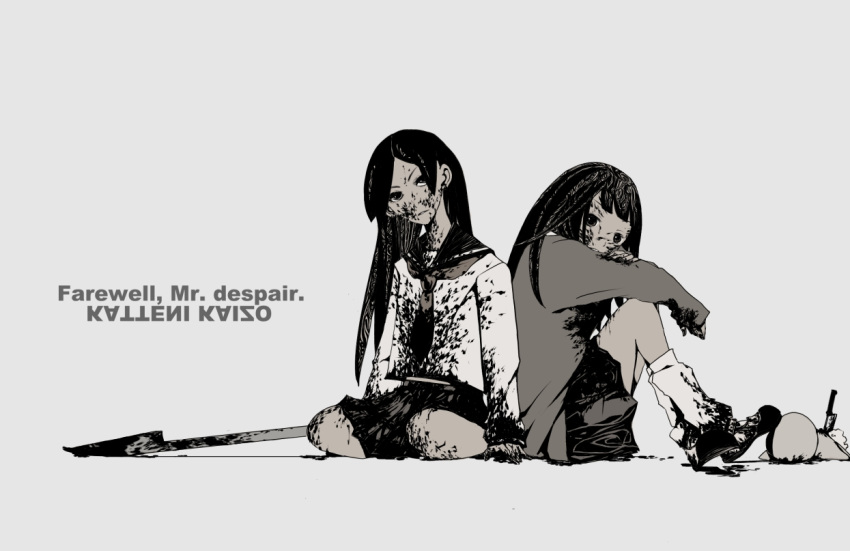 back-to-back, bangs, black_hair, blood, blood_on_face, blood_spatter, blood_splatter, blood_stain