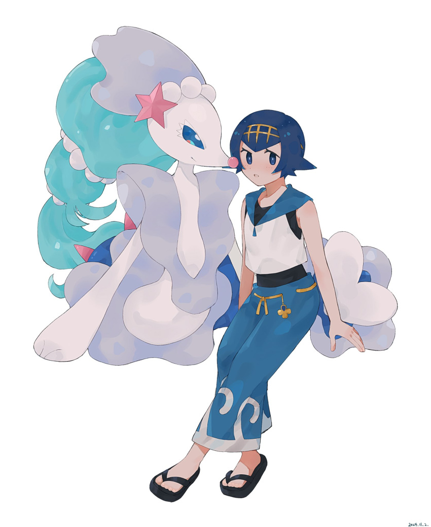 1girl, black_footwear, blue_eyes, blue_hair, blue_pants, blue_sailor_collar, blush, bright_pupils