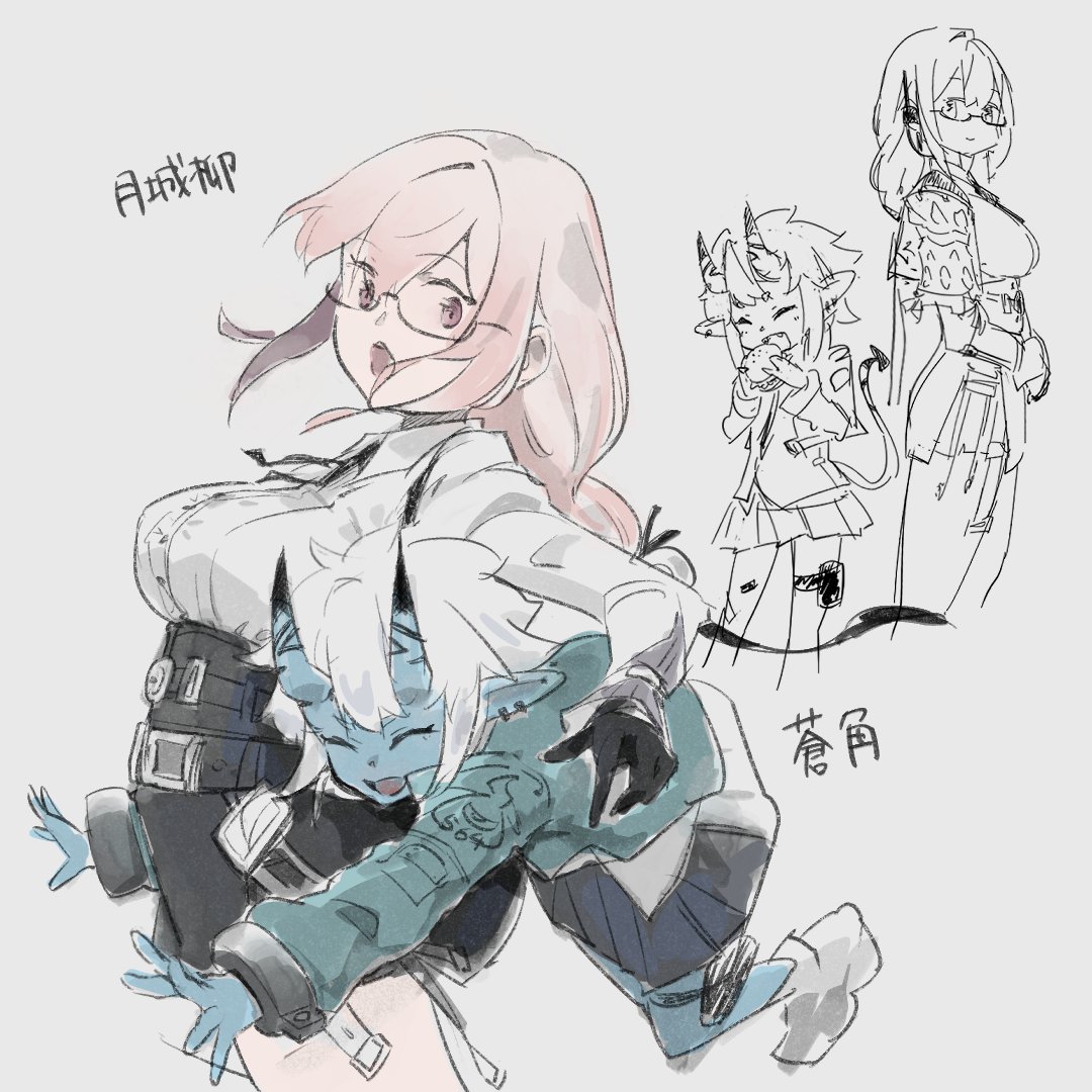 2girls, black_gloves, black_skirt, closed_eyes, closed_mouth, glasses, gloves, green_jacket