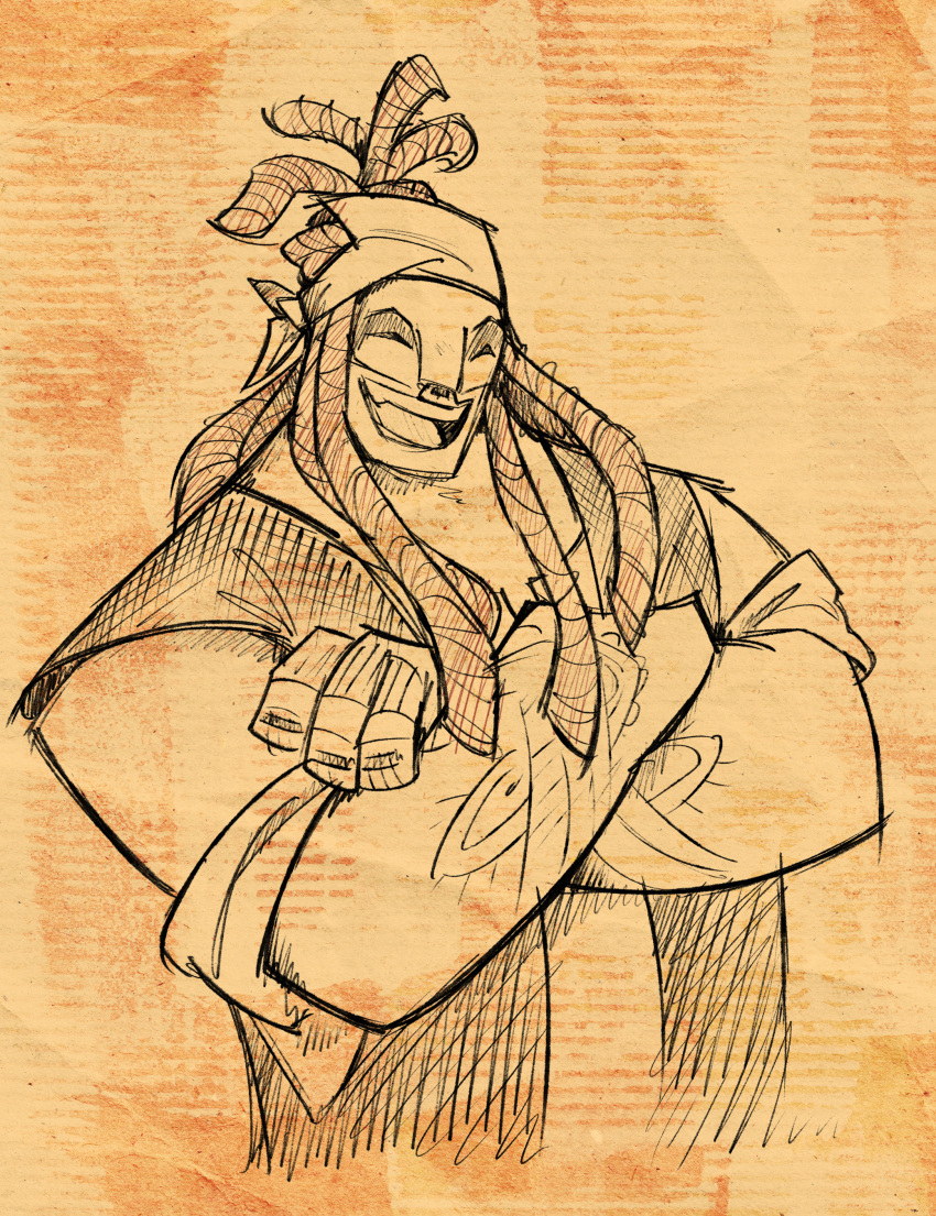 1boy, absurdres, arm_tattoo, closed_eyes, commentary, cropped_torso, crossed_arms, dk_west_(no_straight_roads), dreadlocks, english_commentary, headscarf, highres, male_focus, monochrome, muscular, muscular_male, no_straight_roads, sketch, smile, solo, standing, suedoodle, tattoo, teeth, vest