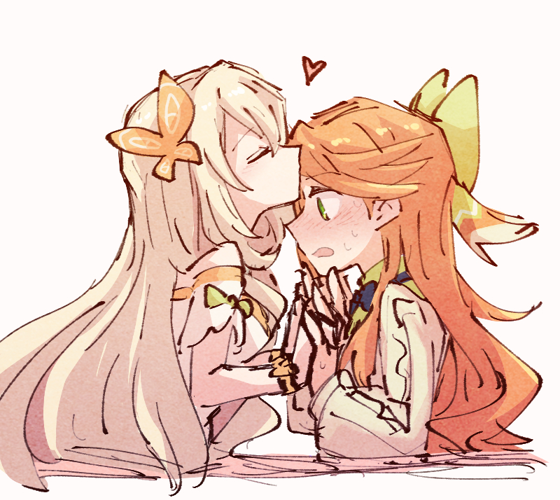 2girls, alonemistrist, blonde_hair, blush, bow, butterfly_hair_ornament, celine_(fire_emblem), etie_(fire_emblem)