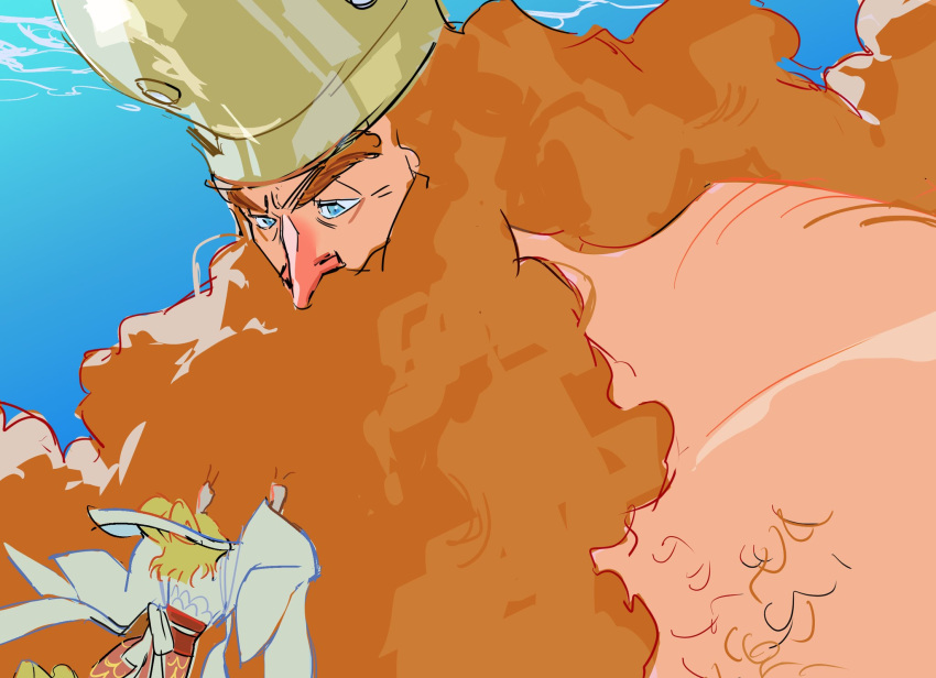 1boy, 1girl, beard, blonde_hair, blue_eyes, chest_hair, clickuu, commentary