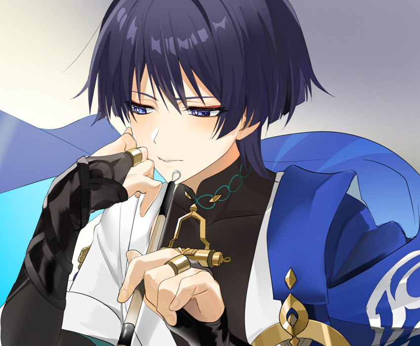 1boy, aqua_sleeves, armor, bishounen, black_bodysuit, black_eyes, black_hair, blue_cape