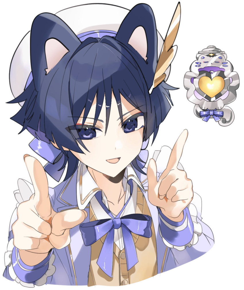 1boy, alternate_costume, animal_ears, bow, bowtie, brown_cardigan, cardigan, cat_ears