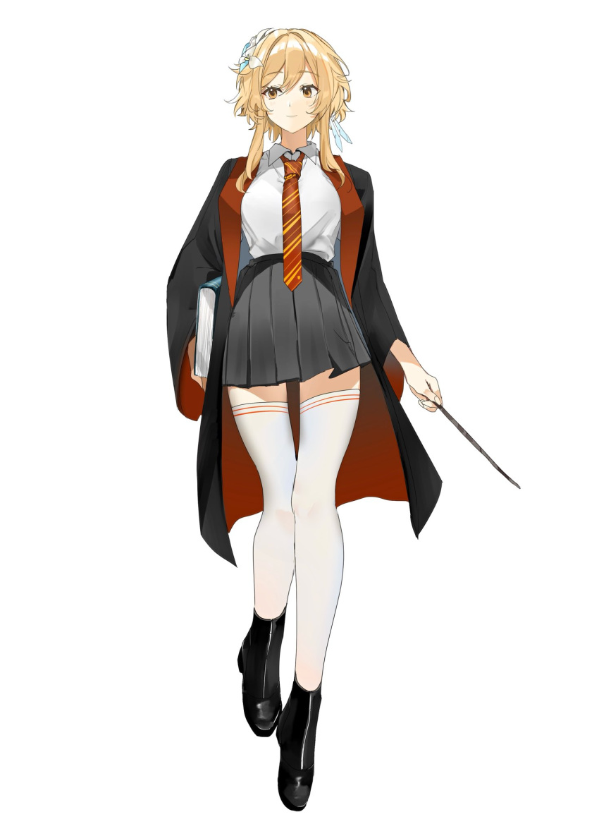 1girl, alternate_costume, aqua_flower, arms_at_sides, black_footwear, black_robe, black_skirt, black_sleeves