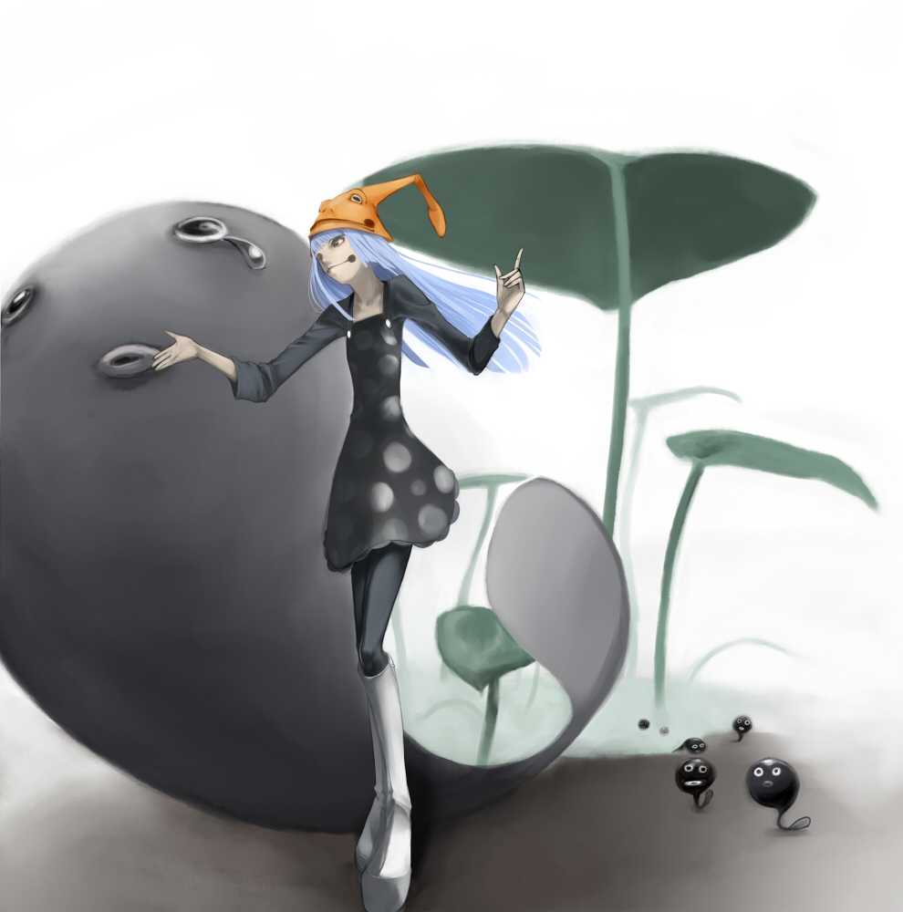 black_legwear, black_pantyhose, blue_hair, boots, eruka_frog, green_eyes, hat, long_hair