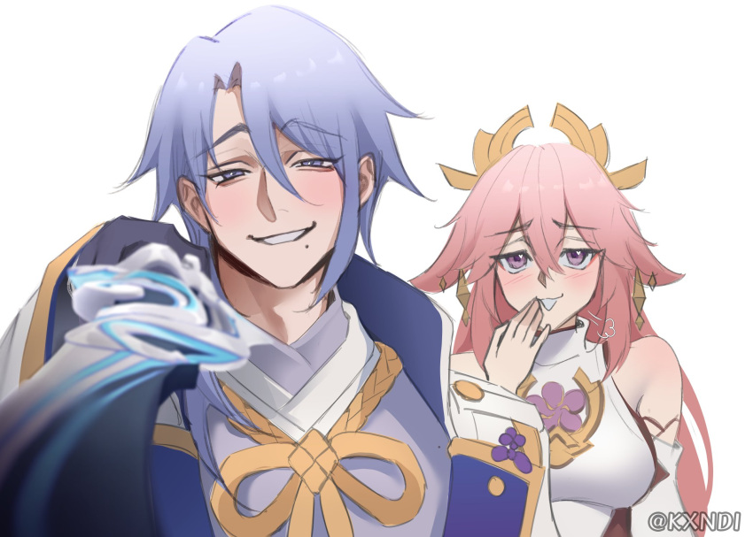 1boy, 1girl, bare_shoulders, blue_eyes, blue_hair, detached_sleeves, double-parted_bangs, english_commentary