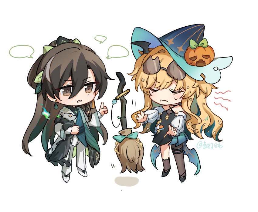 1boy, 1girl, baiji_(honkai_impact), black_dress, black_footwear, blank_speech_bubble, blonde_hair, blue_hat