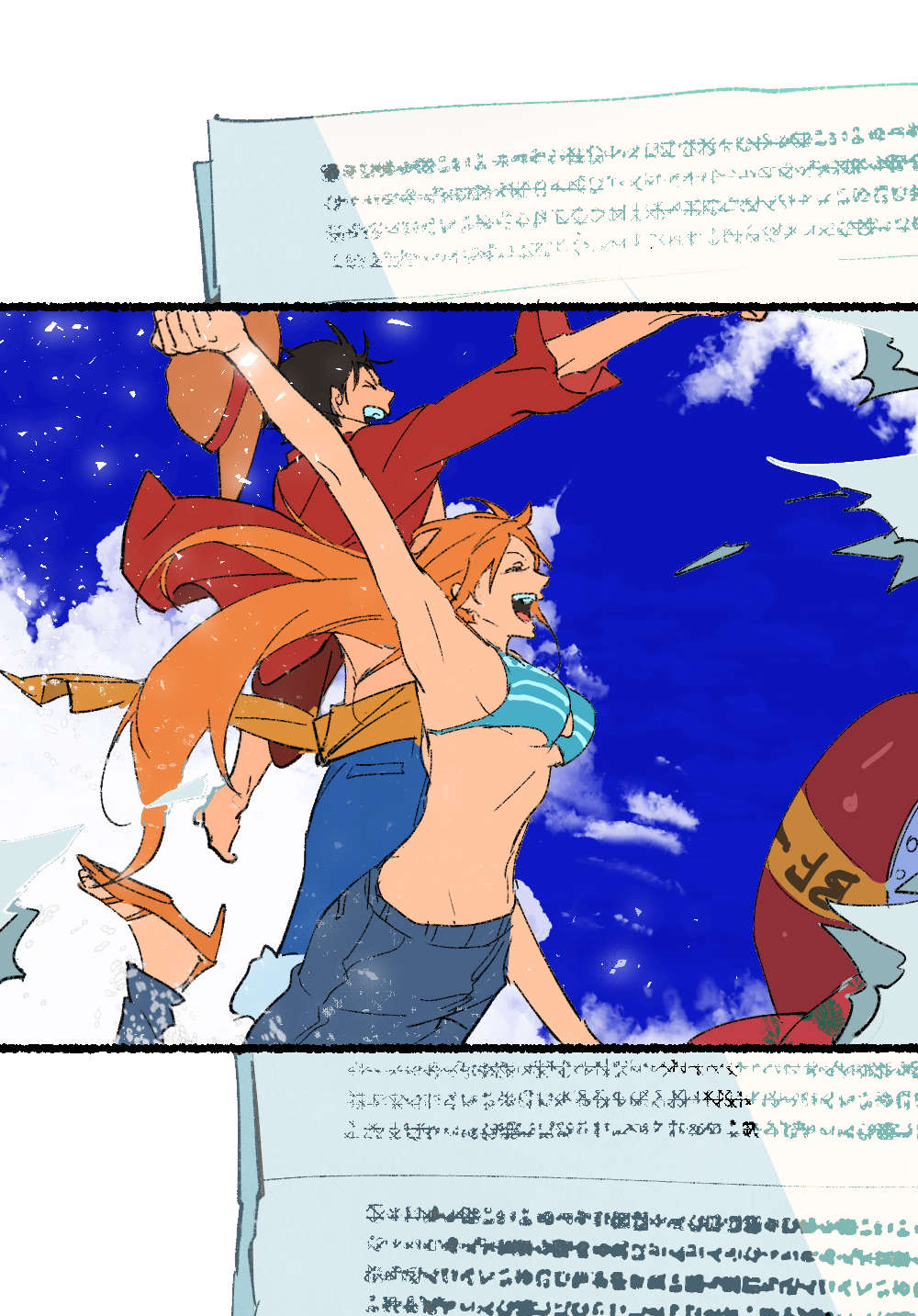 1boy, 1girl, ^_^, bikini, bikini_top_only, black_hair, blue_sky, chamsut0905, closed_eyes, denim, denim_shorts, franky_(one_piece), hat, highres, jeans, long_hair, monkey_d._luffy, nami_(one_piece), one_piece, open_clothes, open_mouth, open_shirt, orange_hair, out_of_frame, pants, paper, red_shirt, sash, shirt, short_hair, shorts, sky, smile, straw_hat, swimsuit, yellow_sash