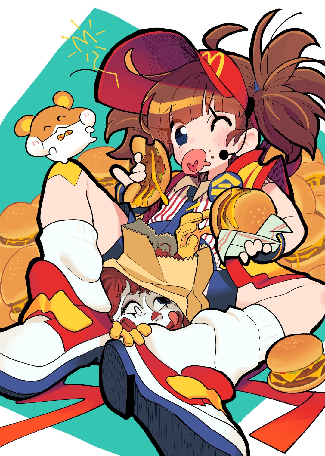 1boy, 1girl, 1other, ;p, ahoge, badge, bag, black_eyes