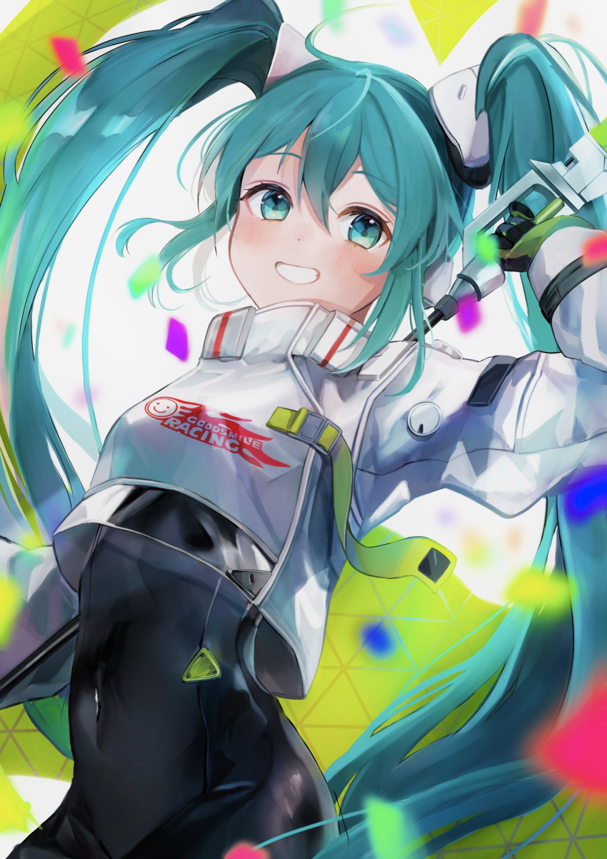 1girl, aqua_eyes, aqua_hair, black_bodysuit, black_gloves, bodysuit, confetti, cowboy_shot