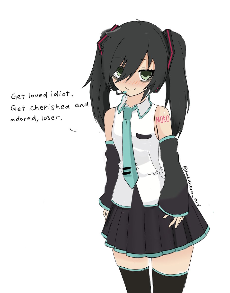 1girl, alternate_hairstyle, aqua_necktie, aqua_trim, artist_name, bags_under_eyes, bare_shoulders, black_hair, black_skirt, black_sleeves, black_thighhighs, blush, breast_pocket, breasts, closed_mouth, collared_shirt, commentary, cosplay, cowboy_shot, detached_sleeves, english_commentary, english_text, eyelashes, green_eyes, habanero_art, hair_ornament, hair_over_one_eye, hatsune_miku, hatsune_miku_(cosplay), headphones, headset, highres, insult, insulting_viewer, kuroki_tomoko, long_hair, looking_at_viewer, microphone, necktie, nose_blush, pleated_skirt, pocket, shirt, shoulder_tattoo, signature, simple_background, skirt, sleeveless, sleeveless_shirt, small_breasts, smile, solo, standing, swept_bangs, tattoo, thigh-highs, tie_clip, twintails, twitter_username, vocaloid, watashi_ga_motenai_no_wa_dou_kangaetemo_omaera_ga_warui!, white_background, white_shirt, zettai_ryouiki