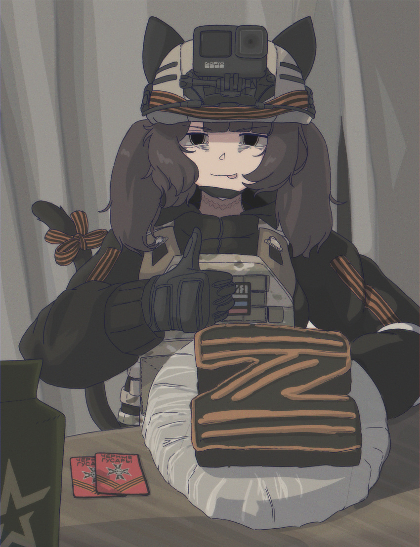 action_camera, animal_ears, b1-517, black_eyes, brown_hair, cake, cat_ears, cat_tail