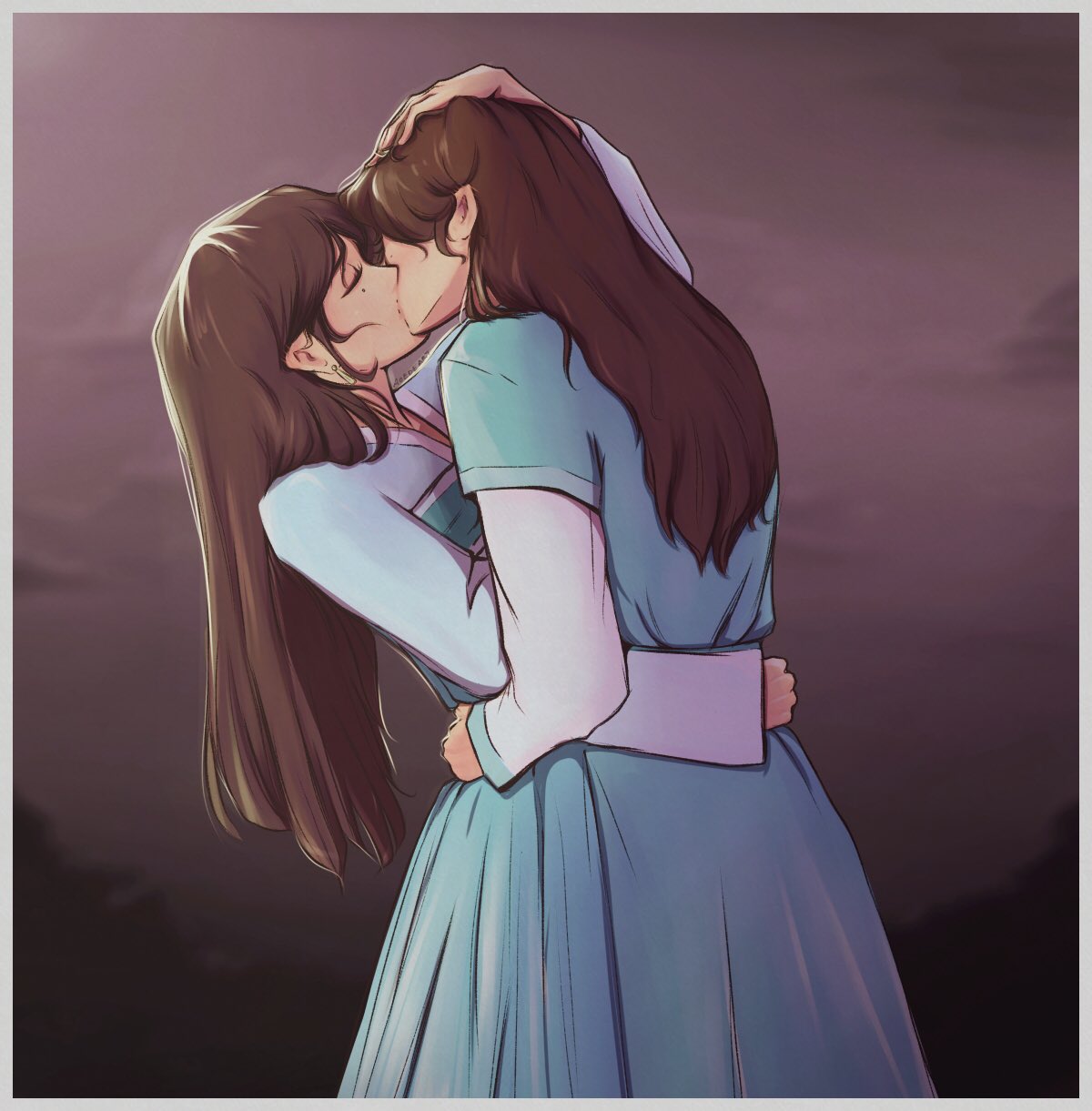 2girls, aoedeart, arm_around_waist, black_hair, blue_hanfu, border, chinese_clothes, closed_eyes, commentary, english_commentary, feet_out_of_frame, hand_on_another's_head, hand_on_another's_waist, hanfu, highres, kiss, lin_buxian, long_hair, mole, mole_under_eye, multiple_girls, qixiong_ruqun, ruzhui, white_border, yun_an, yuri
