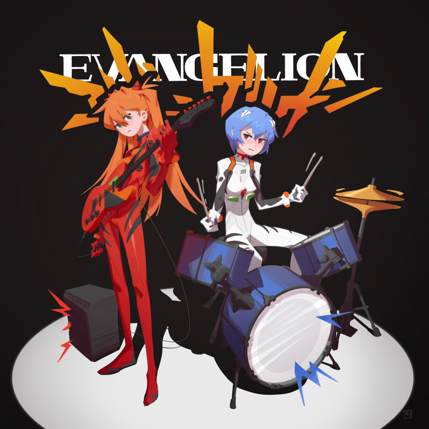 2girls, :|, ^^^, absurdres, amplifier, angry, ayanami_rei, bass_drum, black_background, blue_eyes, blue_hair, blush, bodysuit, breasts, cable, closed_mouth, commentary, copyright_name, crossed_bangs, cymbals, dot_mouth, drum, drum_set, drumsticks, electric_guitar, english_commentary, expressionless, eyelashes, felix_thirasat, fender_telecaster, from_side, full_body, guitar, hair_between_eyes, hands_up, highres, holding, holding_cable, holding_drumsticks, instrument, interface_headset, light_blush, long_hair, looking_at_viewer, looking_to_the_side, mecha_pilot_suit, medium_breasts, motion_blur, multiple_girls, music, neon_genesis_evangelion, nose_blush, on_stool, playing_drum, playing_instrument, plugsuit, red_bodysuit, red_eyes, redhead, short_hair, simple_background, sitting, small_breasts, souryuu_asuka_langley, spotlight, spread_legs, standing, stool, two_side_up, v-shaped_eyebrows, white_bodysuit
