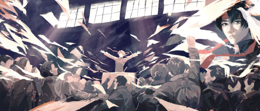 ace_attorney, arm_up, arms_up, black_eyes, black_hair, blunt_bangs, closed_mouth, gakuran, hachimaki, headband, highres, indoors, kazuma_asogi, lectern, light_rays, long_sleeves, male_focus, multiple_boys, multiple_views, nallya, people, red_headband, school_uniform, sheath, sheathed, short_hair, sunbeam, sunlight, surreal, the_great_ace_attorney, window