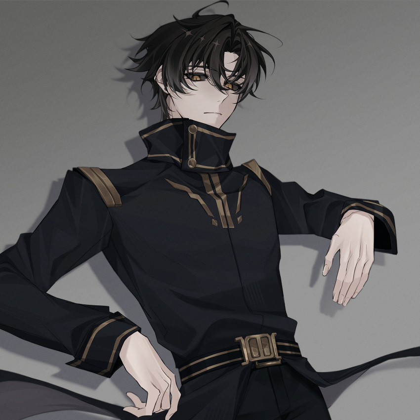 1boy, absurdres, belt, belt_buckle, black_belt, black_coat, black_hair, black_pants
