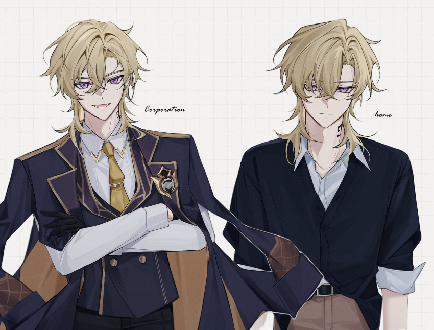 2boys, aventurine_(honkai:_star_rail), aventurine_(stoneheart's_oath_ring)_(honkai:_star_rail), belt, belt_buckle, black_belt, black_pants, black_shirt