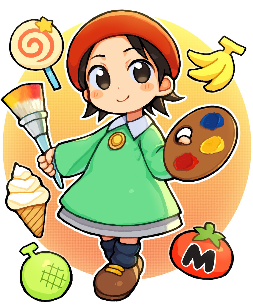 1girl, adeleine, bachera, banana, beret, black_eyes, black_hair, blue_socks, blush_stickers, brown_footwear, candy, cantaloupe, closed_mouth, collared_shirt, commentary_request, dot_nose, food, fruit, full_body, green_shirt, grey_skirt, hat, highres, holding, holding_paintbrush, holding_palette, ice_cream_cone, invincible_candy, kirby_(series), kirby_64, lollipop, long_sleeves, maxim_tomato, melon, paintbrush, palette_(object), red_hat, shirt, short_hair, skirt, smile, socks, solo, standing, swirl_lollipop, tomato