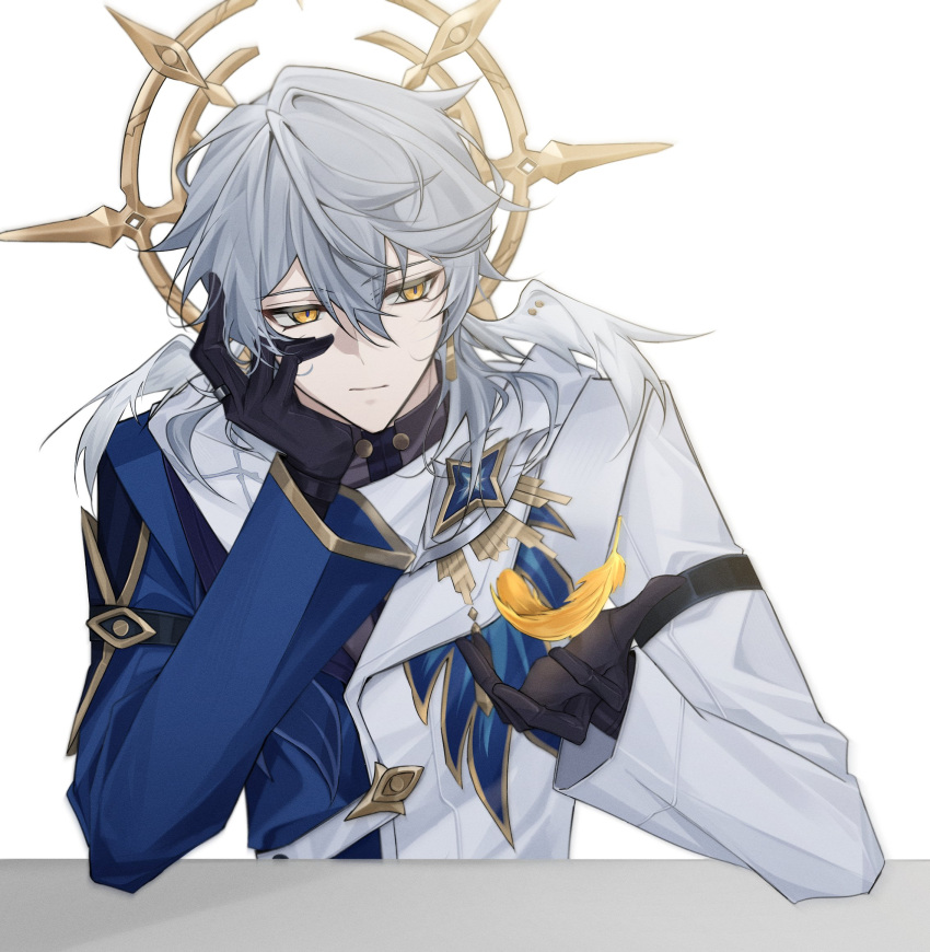1boy, black_gloves, blue_coat, closed_mouth, coat, earrings, elbow_rest, expressionless