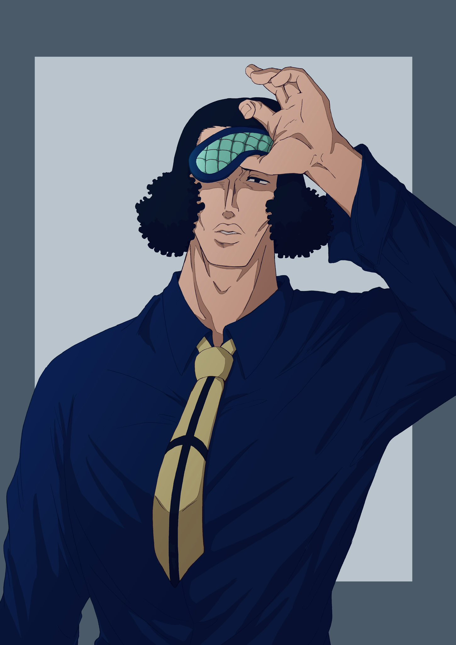1boy, black_hair, blindfold, blue_shirt, collared_shirt, curly_hair, highres, kuzan_(aokiji)
