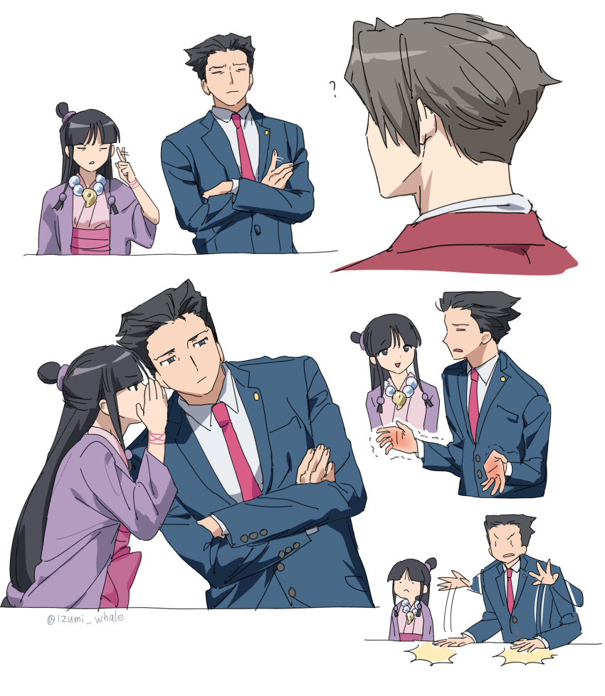 1girl, 2boys, ace_attorney, badge, black_eyes, black_hair, blue_suit, blunt_bangs