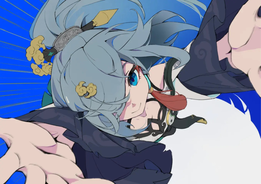 1girl, arms_up, blue_background, blue_eyes, china_dress, chinese_clothes, closed_mouth, commentary