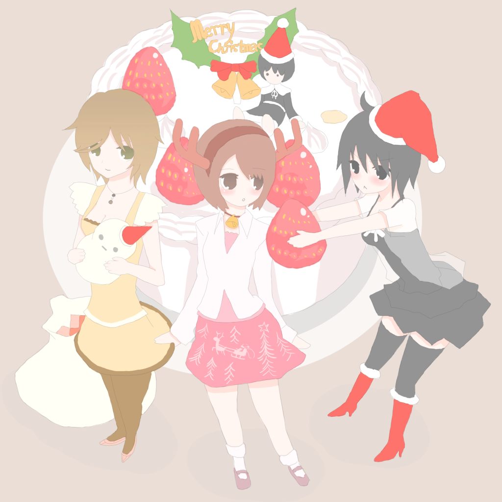 black_hair, blush, boots, brown_hair, cake, christmas, dress, fatal_frame