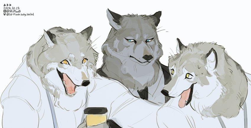 3boys, blue_eyes, body_fur, commentary, cup, disposable_cup, furry, furry_male