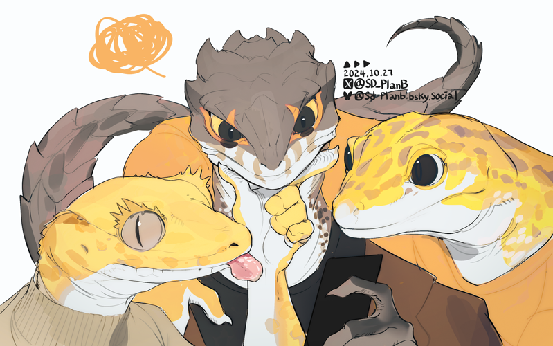 3boys, arm_around_shoulder, black_eyes, cellphone, claws, commentary, crested_gecko, furry, furry_male, gecko, holding, holding_phone, leopard_gecko, looking_at_viewer, male_focus, multiple_boys, original, phone, reptile_boy, scribble, sd_planb, simple_background, slit_pupils, smartphone, symbol-only_commentary, tail, tongue, tongue_out, upper_body, white_background