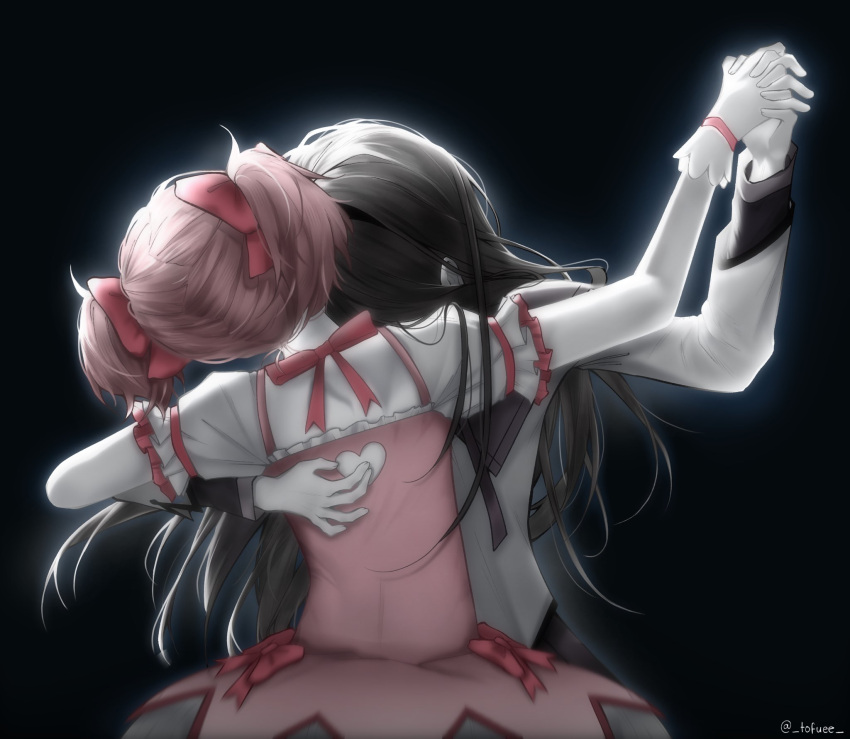 2girls, akemi_homura, akemi_homura_(magical_girl), alien_stage, artist_name, black_background, black_hair, bow