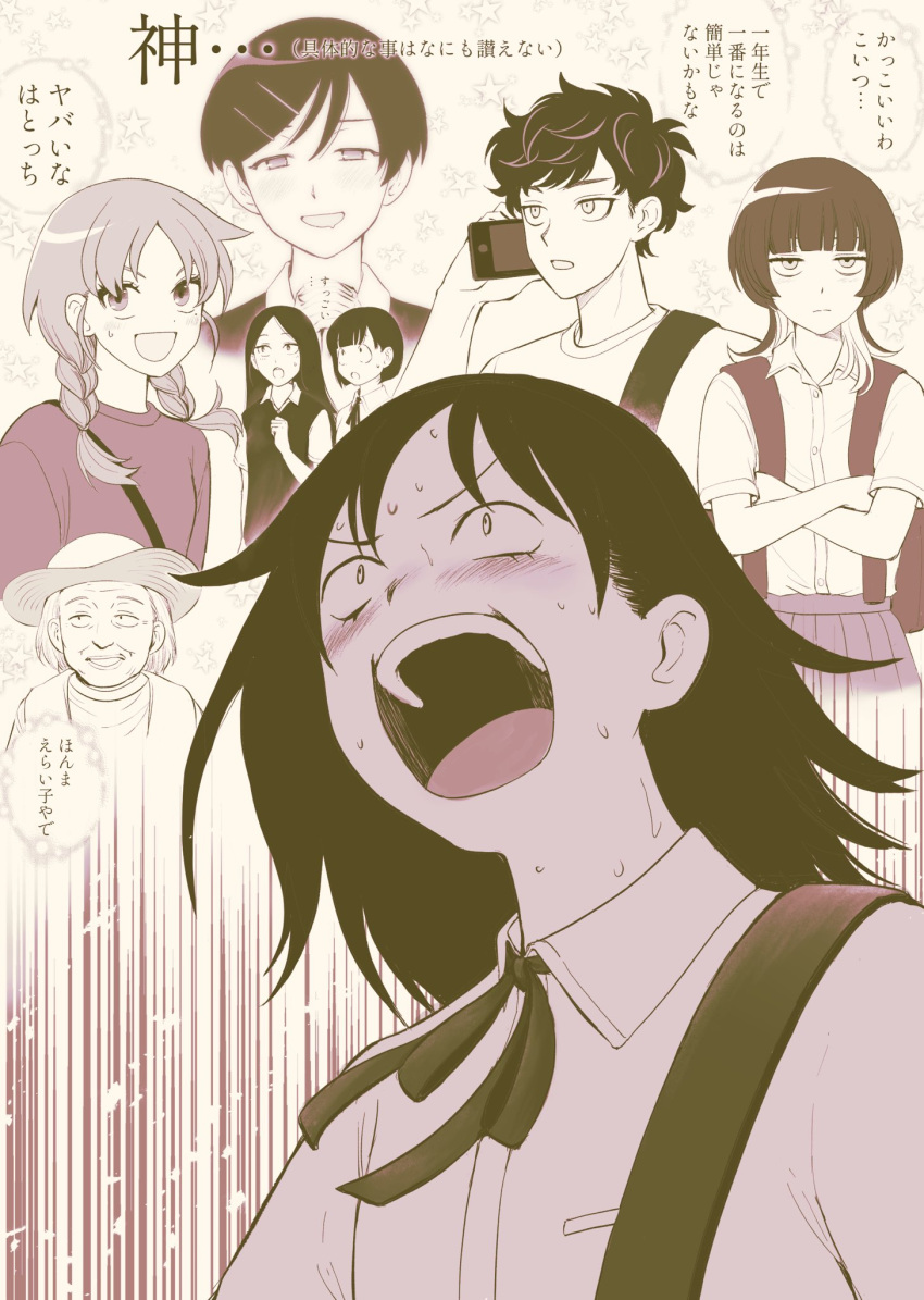 1boy, 6+girls, :d, :o, blunt_bangs, blush, braid, breast_pocket