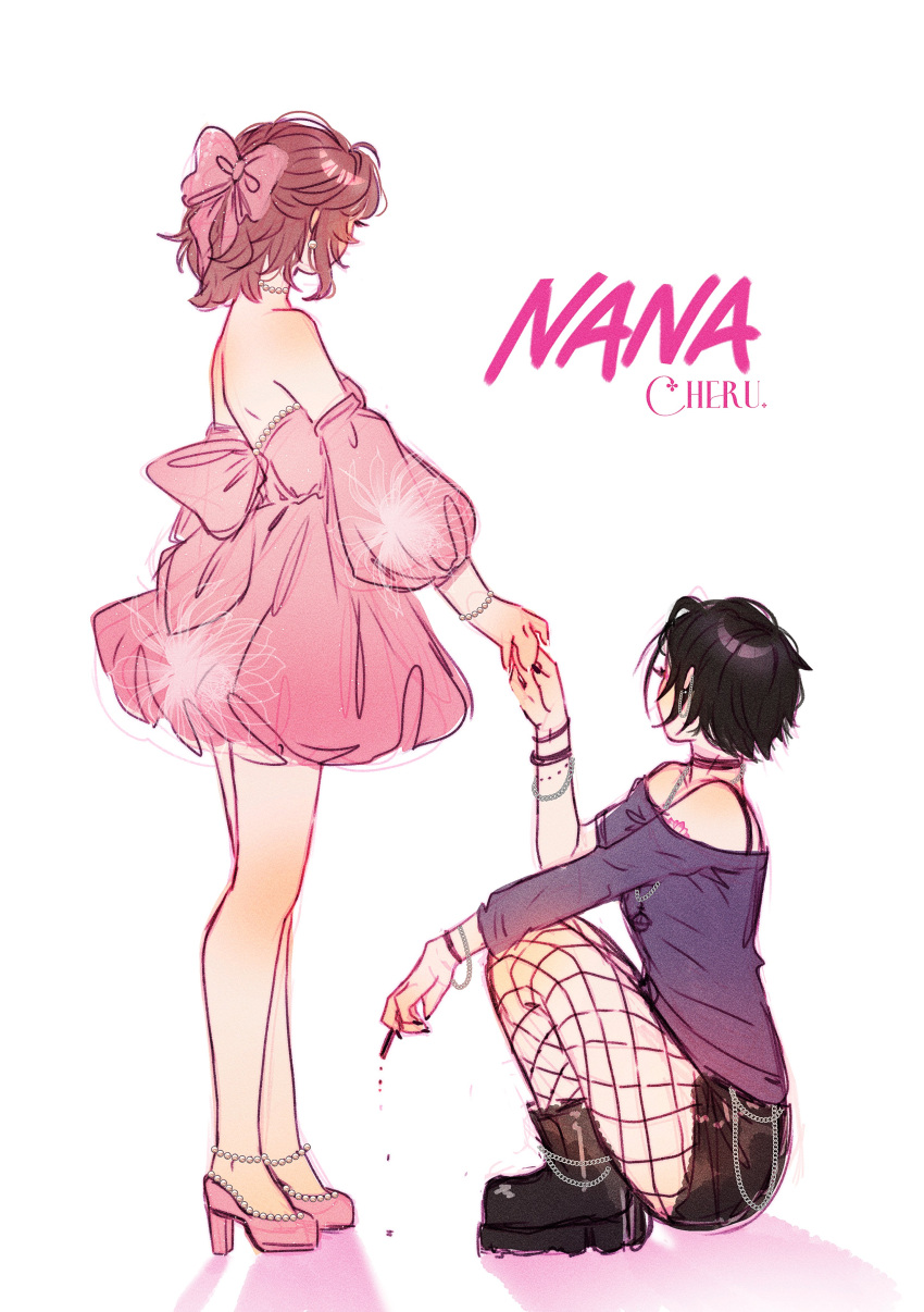 2girls, absurdres, alternate_costume, anklet, artist_name, back_bow, black_footwear, black_hair