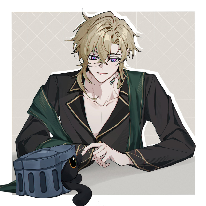 1boy, aventurine_(anan)_(honkai:_star_rail), aventurine_(honkai:_star_rail), black_pajamas, black_shirt, blonde_hair, blue_eyes, border