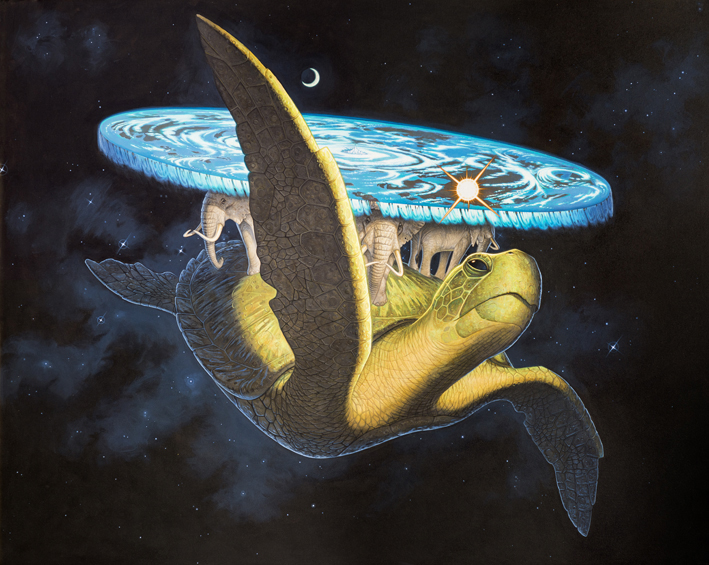 closed_mouth, crescent_moon, discworld, elephant, moon, no_humans, paulkidby, sky, space, star_(sky), starry_sky, turtle