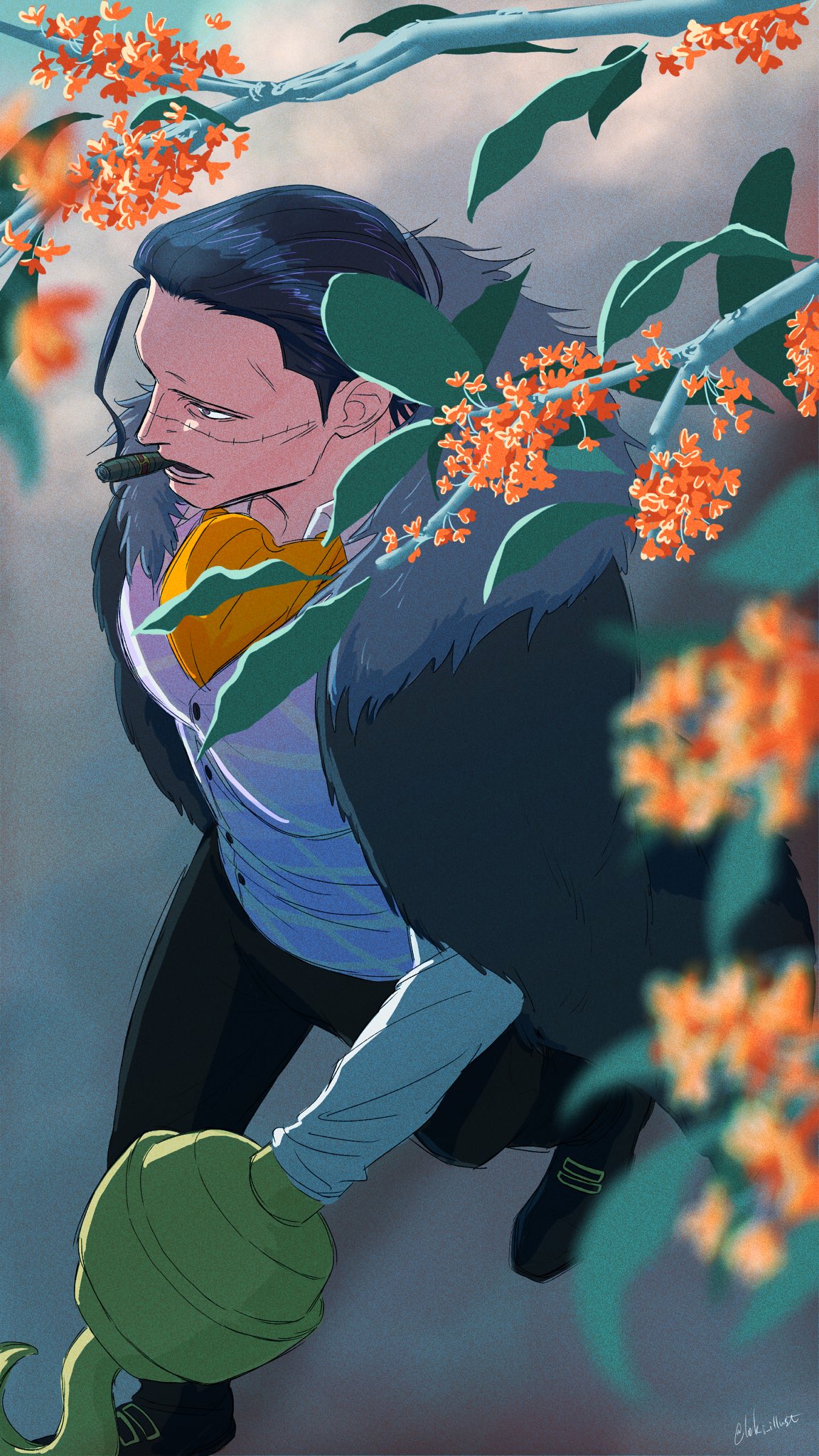 1boy, ascot, black_hair, cigar, coat, commentary_request, crocodile_(one_piece), from_above, fur-trimmed_coat, fur_trim, hair_slicked_back, highres, hook_hand, loki_illust, looking_ahead, male_focus, one_piece, shirt, short_hair, solo, stitched_face, stitches, twitter_username, vest, walking, white_shirt, yellow_ascot