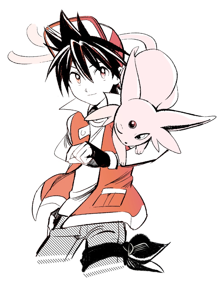 1boy, animal_ears, black_hair, espeon, fingerless_gloves, gloves, jacket, looking_at_viewer