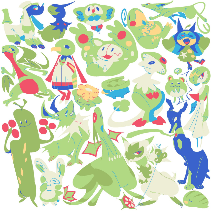 :3, @_@, alternate_color, arm_up, arms_up, black_skin, blue_skin, breloom, closed_eyes, closed_mouth, colored_sclera, colored_skin, commentary, deino_(pokemon), dog, dragon, dragon_wings, english_commentary, espeon, floragato, flower, flygon, frog, furfrou, furfrou_(dandy), gardevoir, green_skin, green_theme, grovyle, hands_on_own_stomach, highres, jolteon, leaf, looking_to_the_side, lotad, marill, no_humans, no_pupils, official_alternate_color, one_eye_closed, open_mouth, pig_nose, pokemon, pokemon_(creature), pokemon_gsc, pokemon_rgby, pokemon_rse, pokemon_sm, pokemon_sv, pokemon_xy, politoed, red_eyes, reuniclus, rowlet, shiny_pokemon, simple_background, skiploom, slit_pupils, smile, snorunt, spinda, standing, standing_on_one_leg, sudowoodo, tongue, white_background, white_eyes, wings, xatu, yellow_flower, yo-yo, zeeorzero