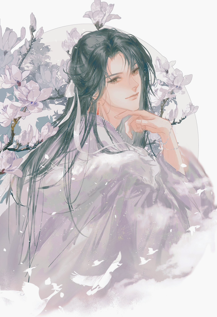 1boy, bird, black_hair, bow, bracelet, chinese_clothes, chinese_commentary, closed_mouth