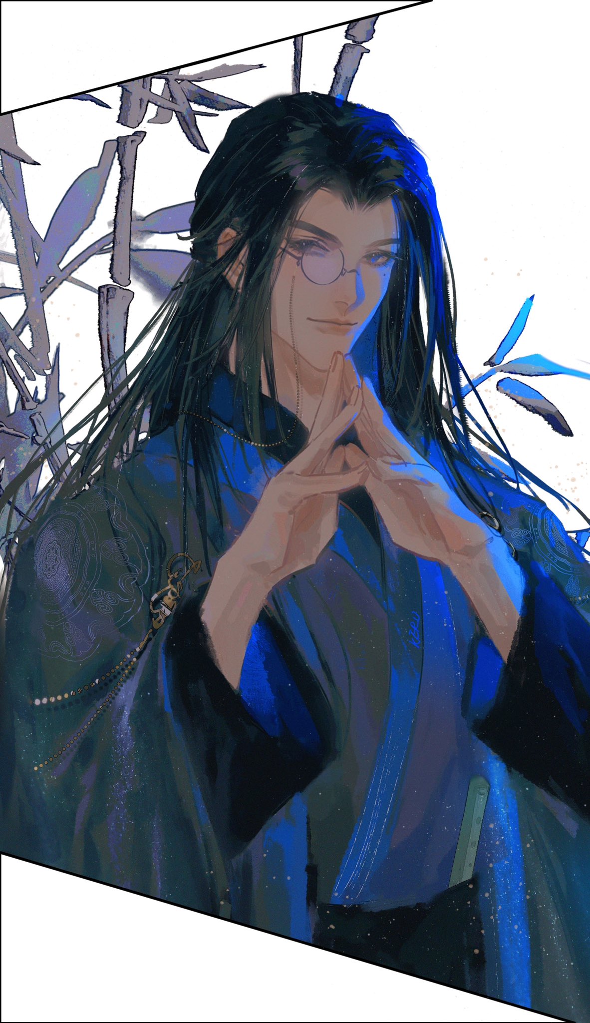 1boy, bamboo, blue_hanfu, chinese_clothes, flute, gu_yun, hanfu, highres